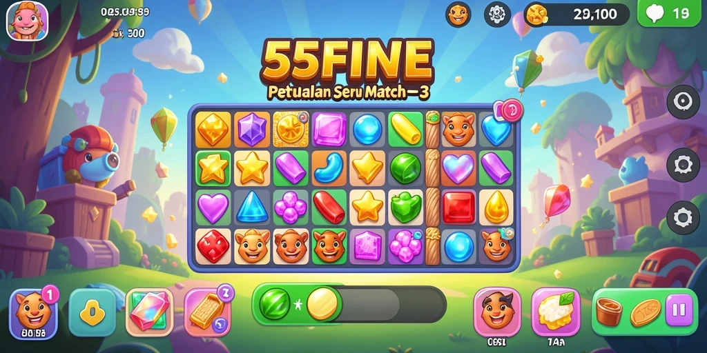 Screenshot gameplay 55FIVE yang menampilkan serunya permainan Match-3.