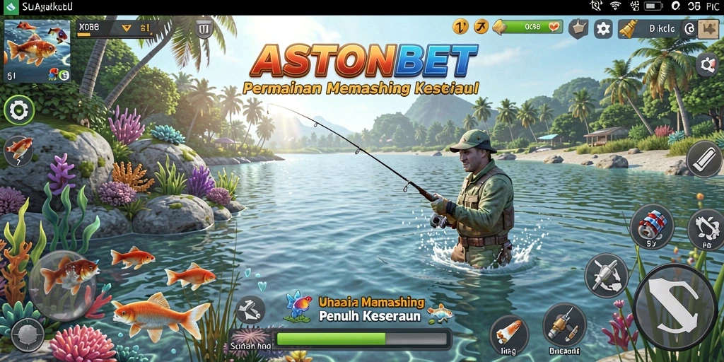 Screenshot utama permainan memancing yang menampilkan aksi menangkap ikan.