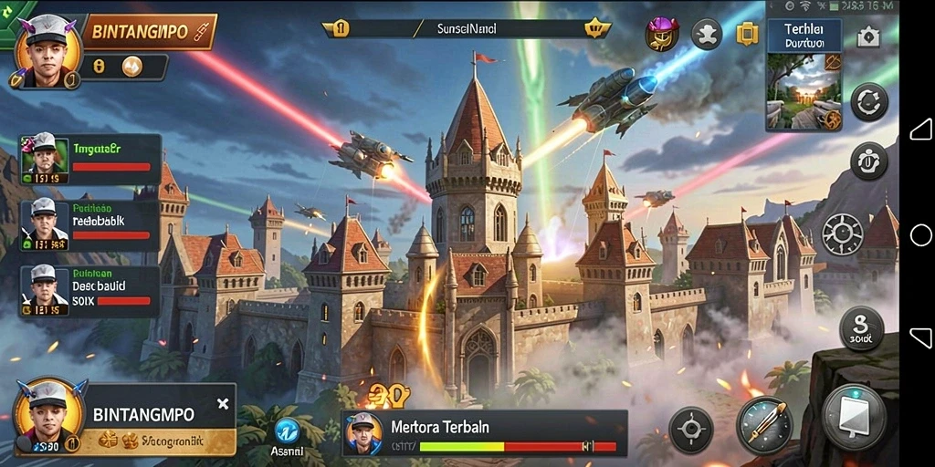 Screenshot BINTANGMPO menampilkan aksi menara bertahan dalam pertempuran yang seru.
