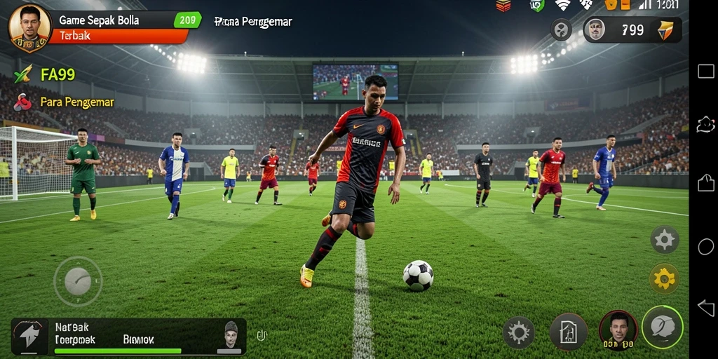 Tangkapan layar gameplay FA99 menunjukkan aksi seru di lapangan sepak bola.