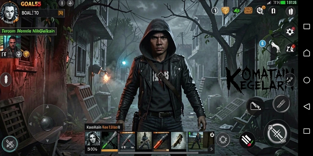Screenshot gameplay yang menegangkan dari GOAL55, menunjukkan karakter dalam suasana misterius.