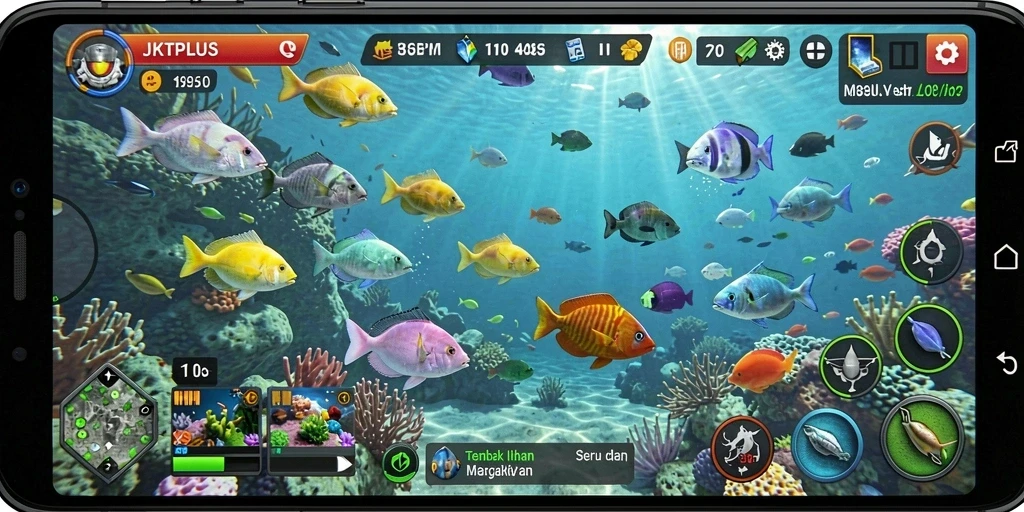 Tampilan gameplay JKTPLUS yang menarik saat menangkap ikan.