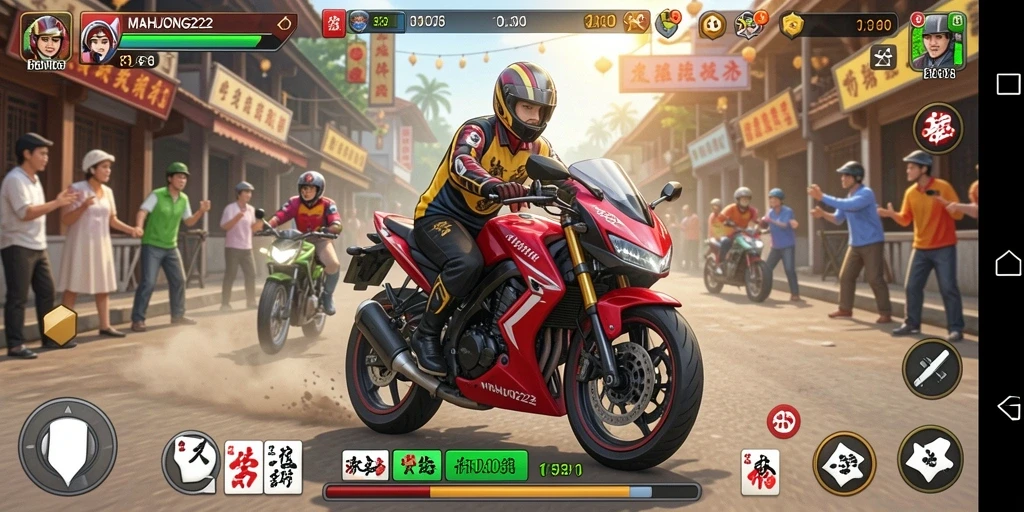 Screenshot gameplay MAHJONG222 dengan balapan motor yang seru.