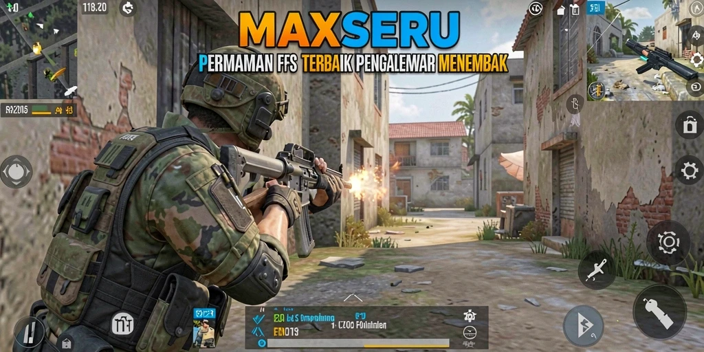 Screenshot gameplay MAXSERU menampilkan aksi menembak yang intens.