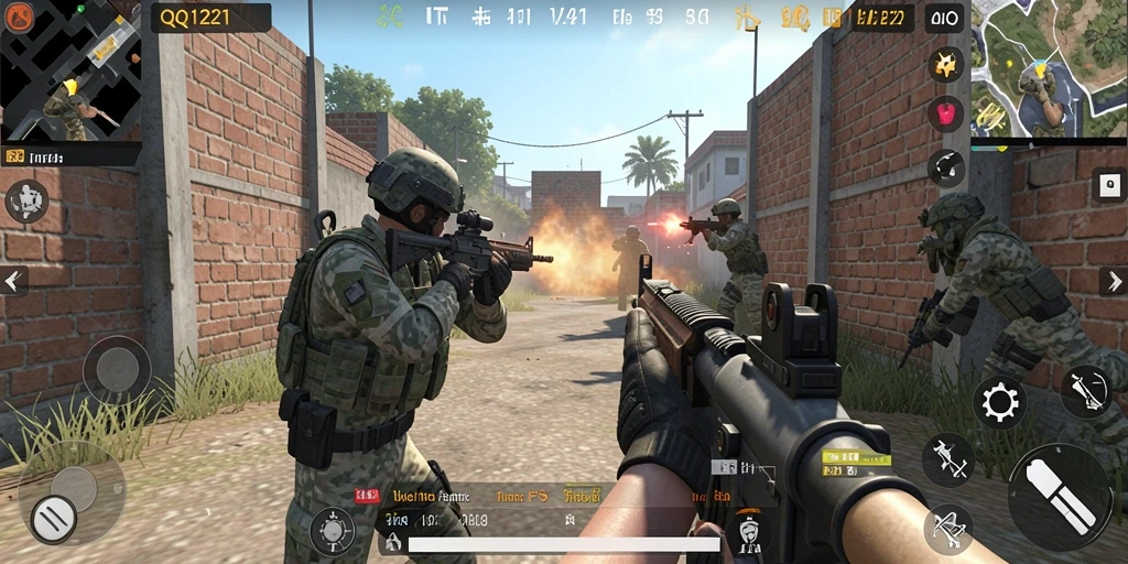 Screenshot gameplay QQ1221 menampilkan aksi tembak-menembak yang mendebarkan.