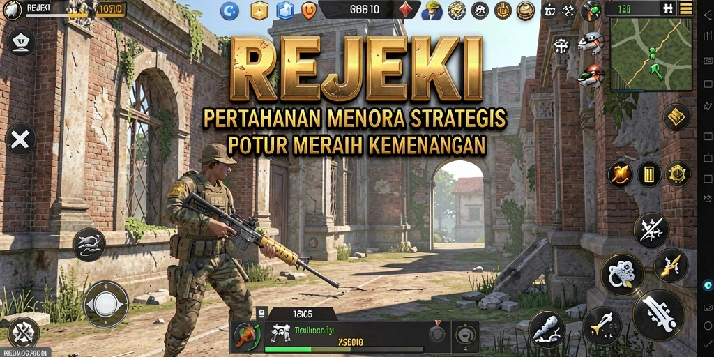 Tangkapan layar gameplay REJEKI yang menunjukkan menara dan musuh.
