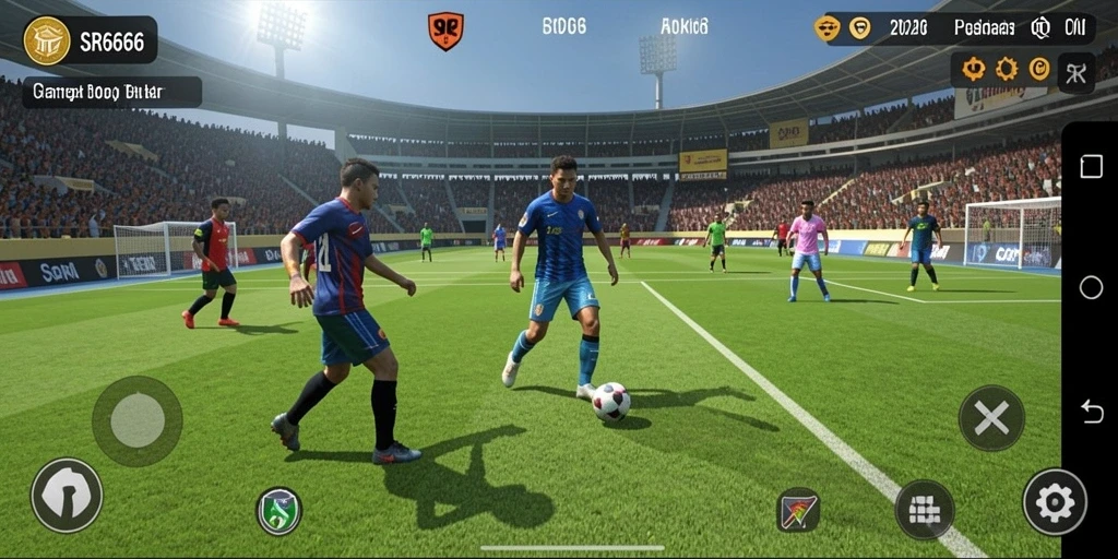 Screenshot SR6666 menampilkan aksi intens permainan sepak bola.