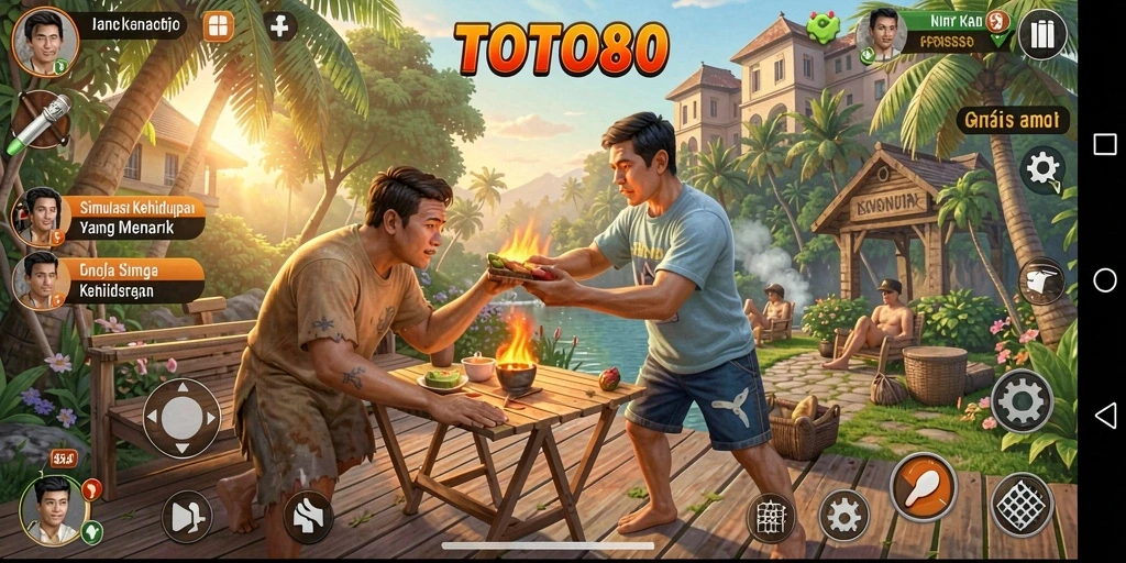 Tangkapan layar gameplay TOTO80 menampilkan interaksi karakter dalam simulasi kehidupan.
