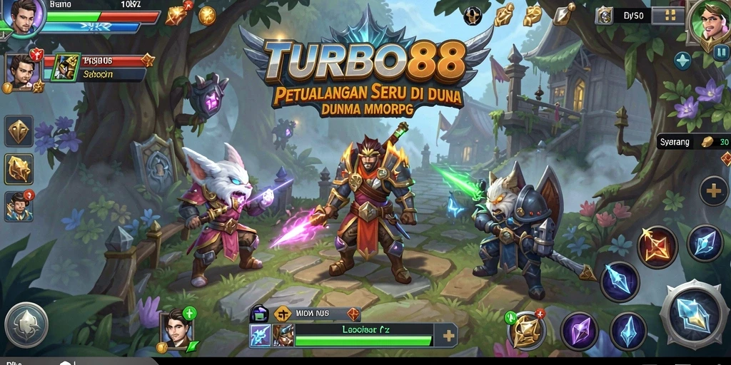 Tangkapan layar utama TURBO88 menampilkan pertarungan seru di dunia fantasi.