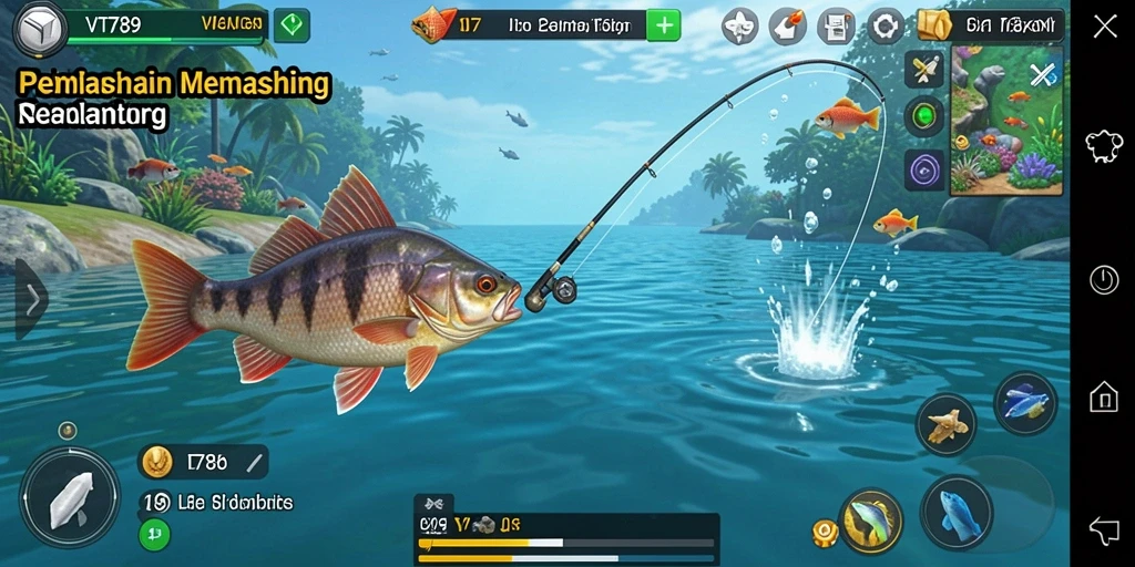 Gameplay VT789 menampilkan pengguna yang memancing di lautan yang indah.