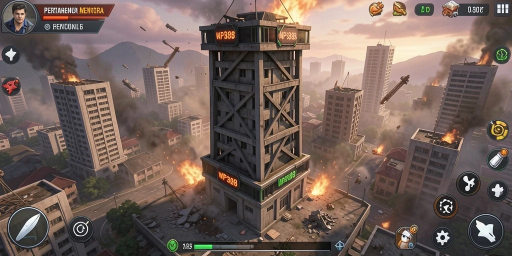 Tampilan gameplay menegangkan di WP888 dengan menara dan musuh yang beragam.